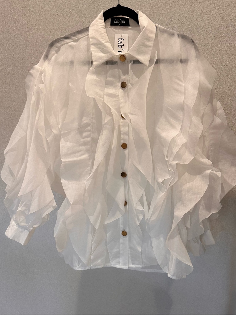 fab'rik White Sheer Ruffle Front Button Blouse